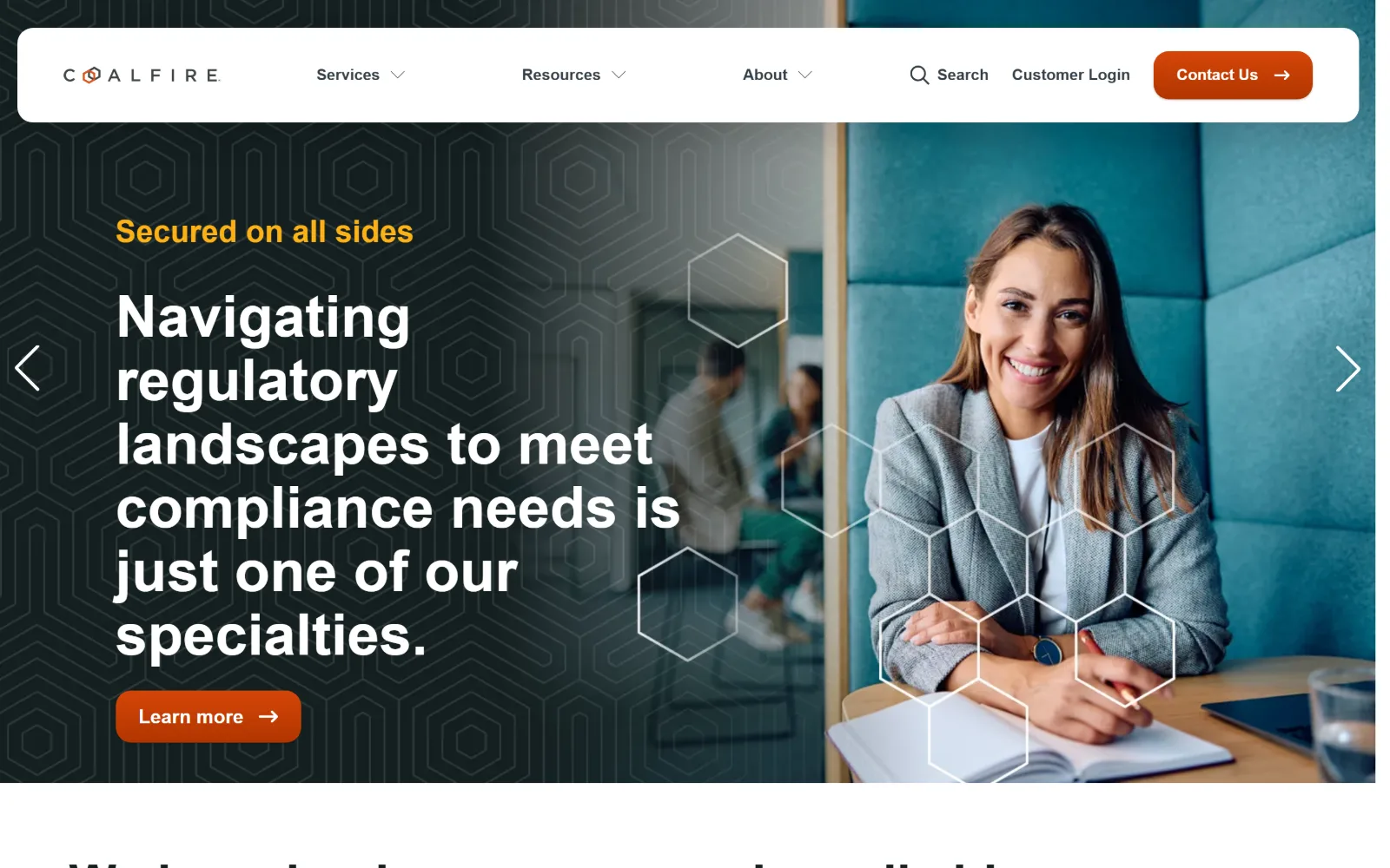 coalfire.com, cyber security website design: a white rounded header floats over a dark hexagon-patterned hero, long headline left