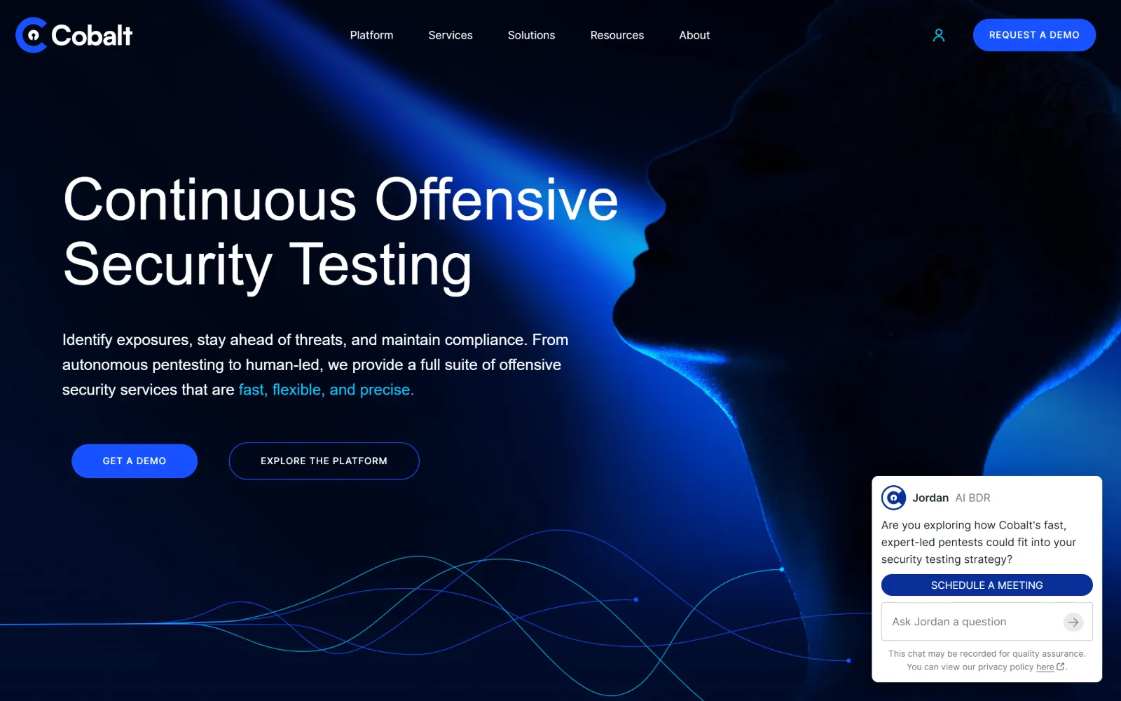 cobalt.io, cyber security website design: a profile in silhouette lit by a blue beam fills the right of a deep navy field