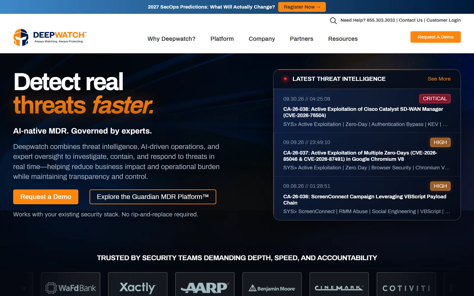 deepwatch.com, cyber security website design: heavy type reading 'Detect real threats faster.' on dark navy