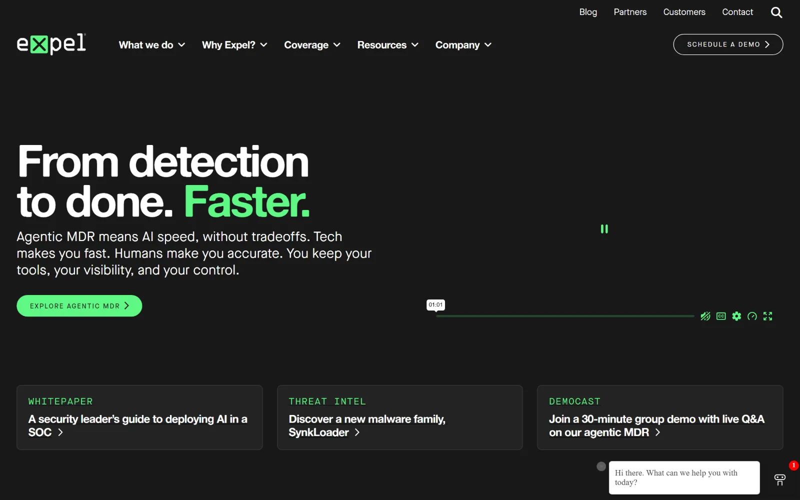 expel.com, cyber security website design: 'From detection to done. Faster.' sits on flat black with the last word in mint