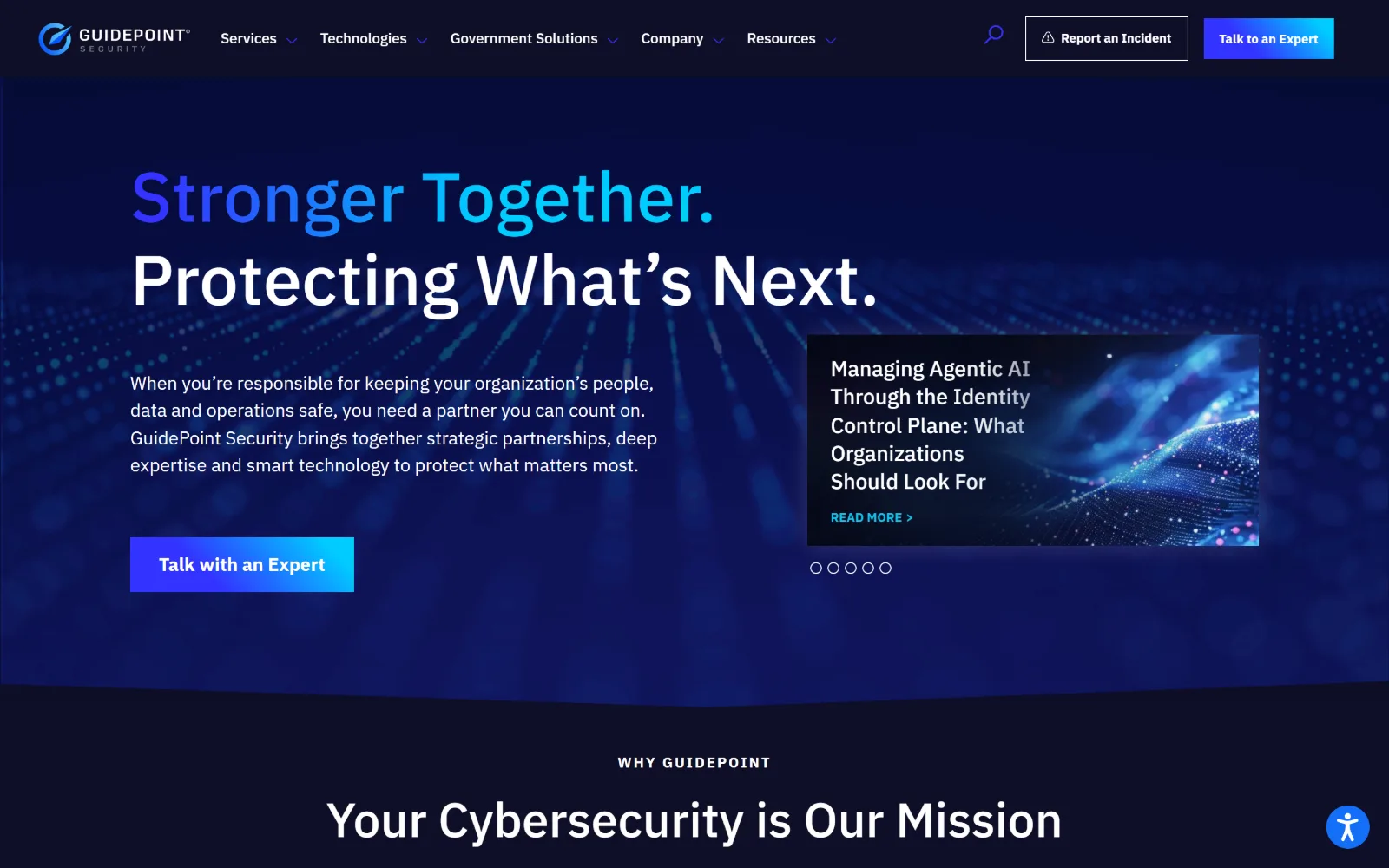 guidepointsecurity.com, cyber security website design: a blue dot field recedes toward a horizon behind a two-line gradient headline