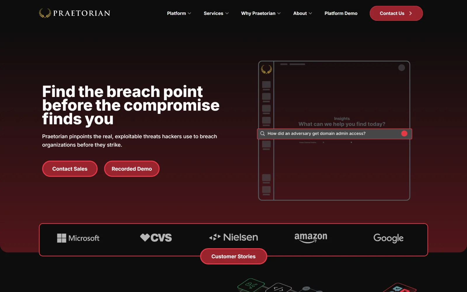 praetorian.com, cyber security website design: near-black fading to maroon at the edges, headline left, a dim product panel right