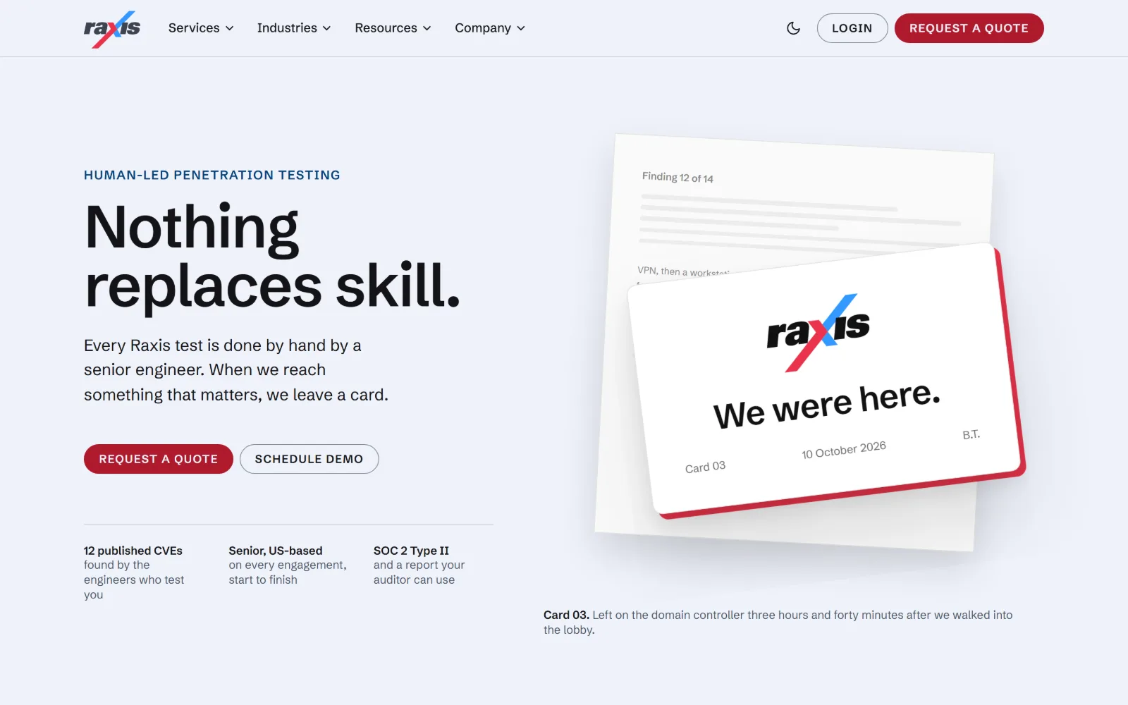 raxis.com, cyber security website design: set on pale blue, 'Nothing replaces skill.' faces a photographed stack of leave-behind cards