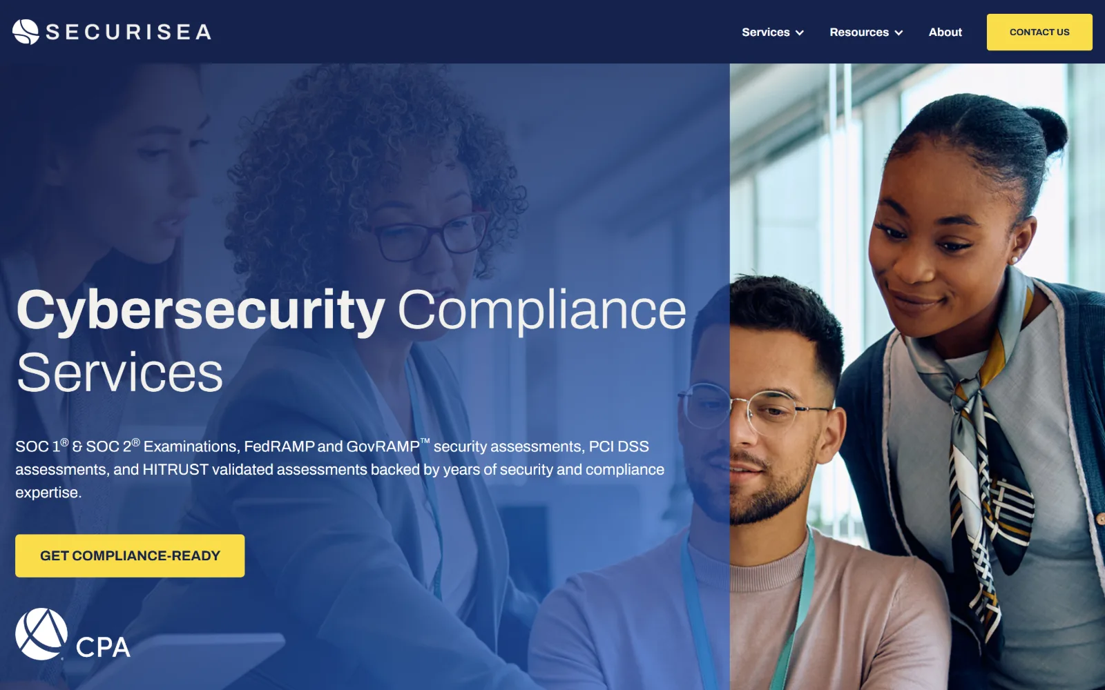 securisea.com, cyber security website design: a navy-washed photograph of colleagues at a desk runs full width