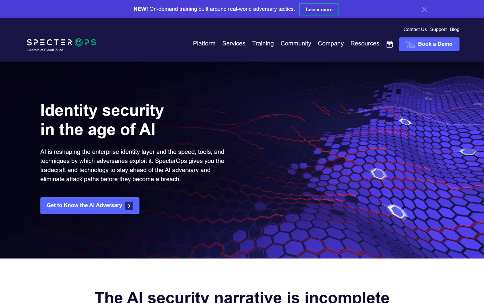 specterops.io, cyber security website design: a glowing indigo hexagon field sweeps across the right of a near-black hero while 'Identity