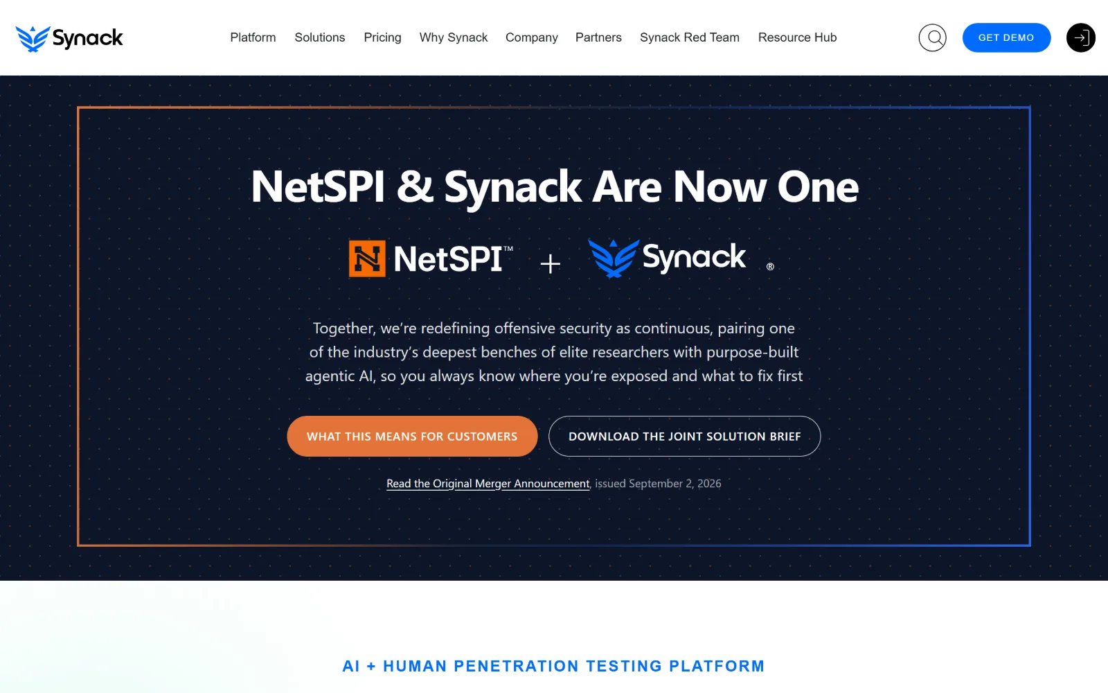 synack.com, cyber security website design: a merger announcement centred inside a thin rectangle whose border fades from orange top left