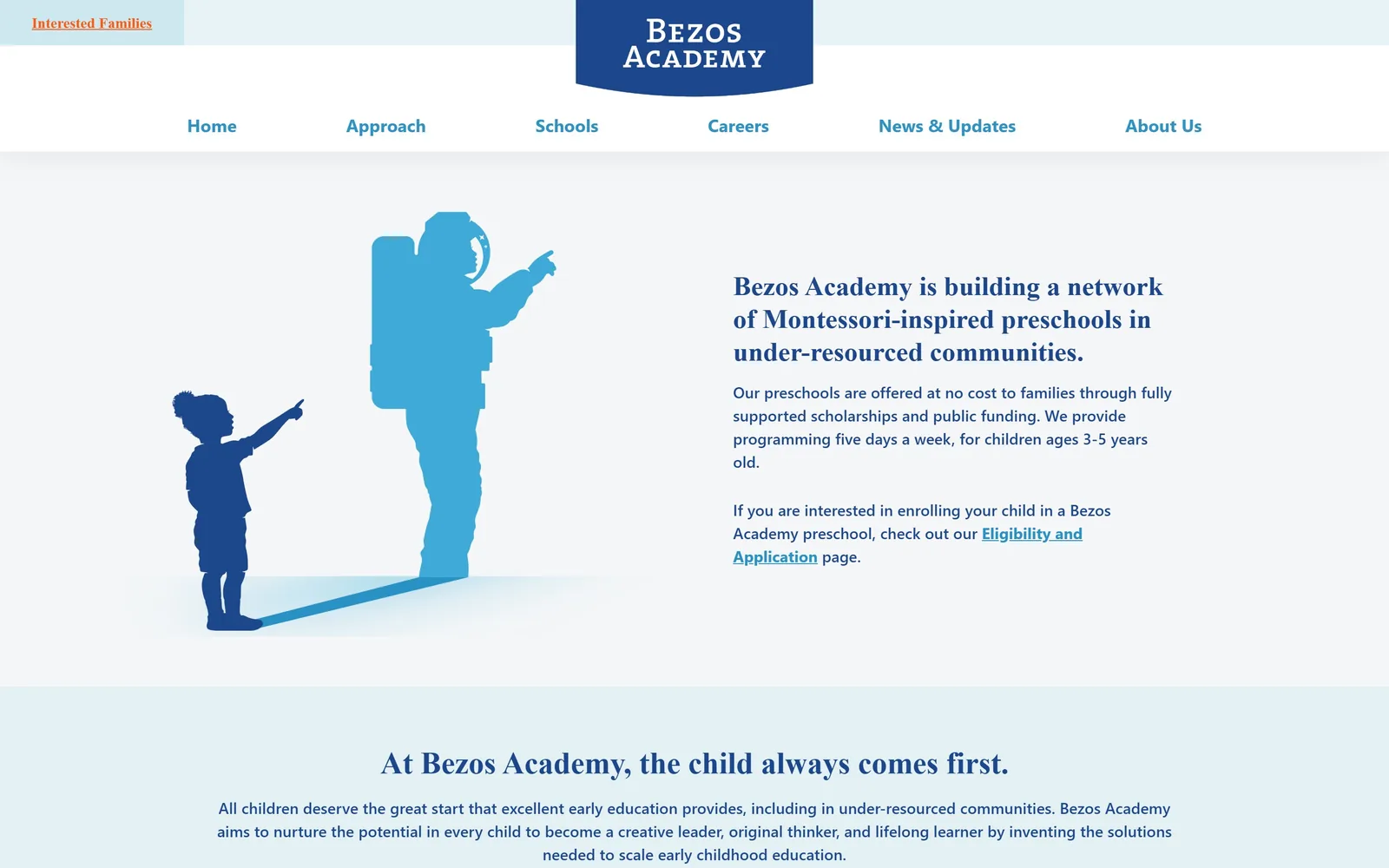 bezosacademy.org, daycare website design: a flat illustration of a child pointing at an astronaut