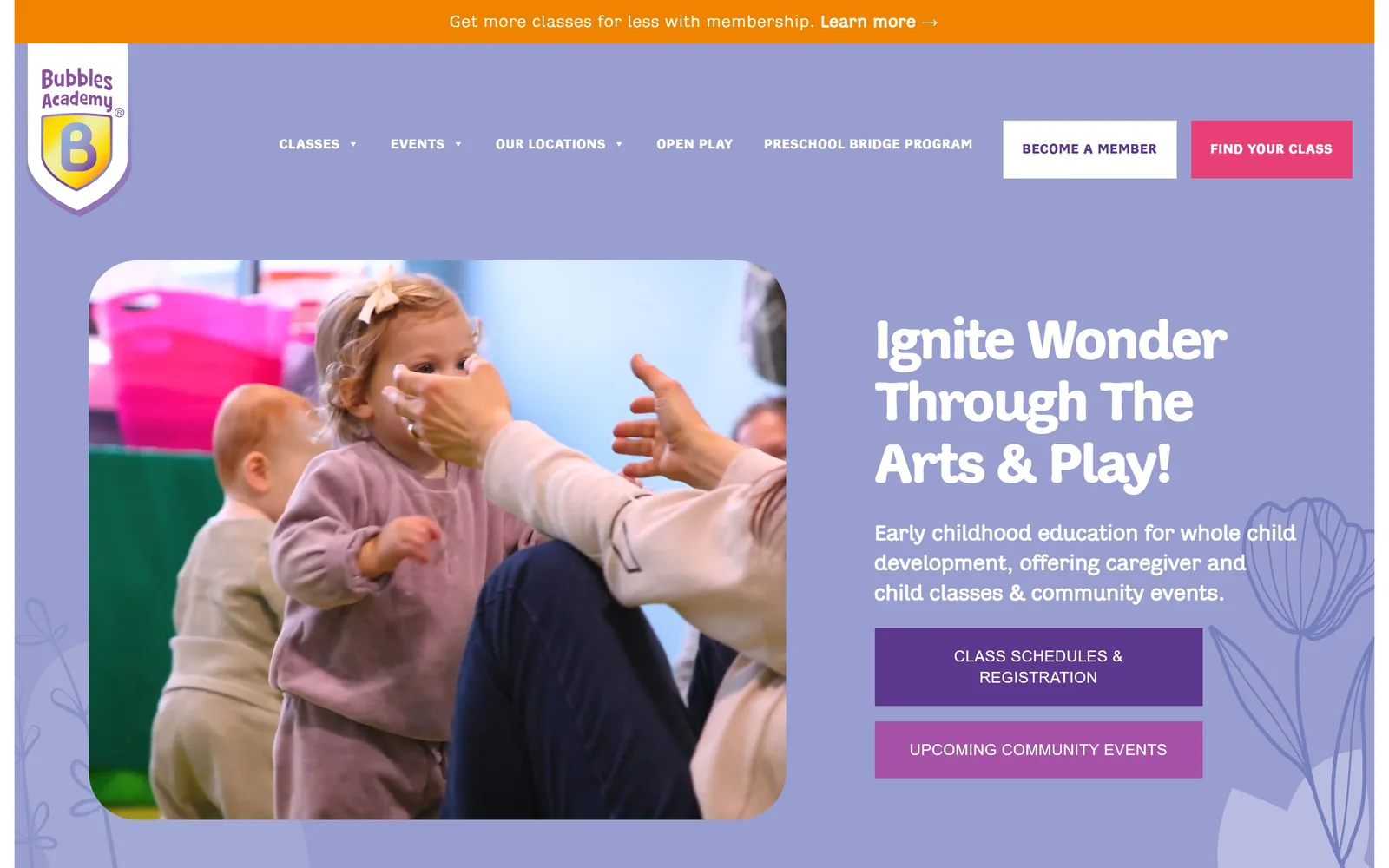 bubblesacademy.com, daycare website design: a periwinkle page with a rounded video of a toddler on the left