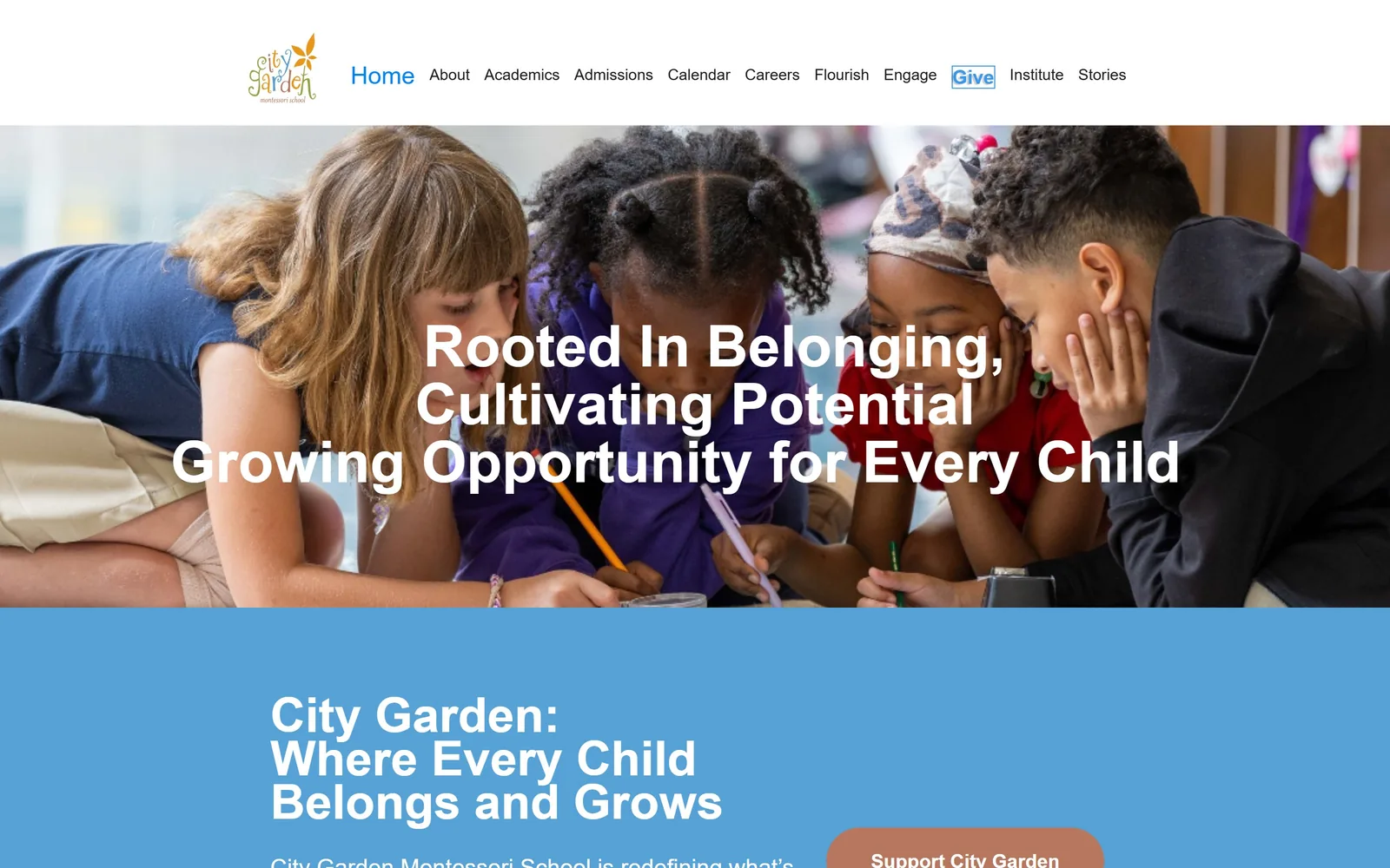 citygardenschool.org, daycare website design: four children drawing on the floor, a centred white headline over them