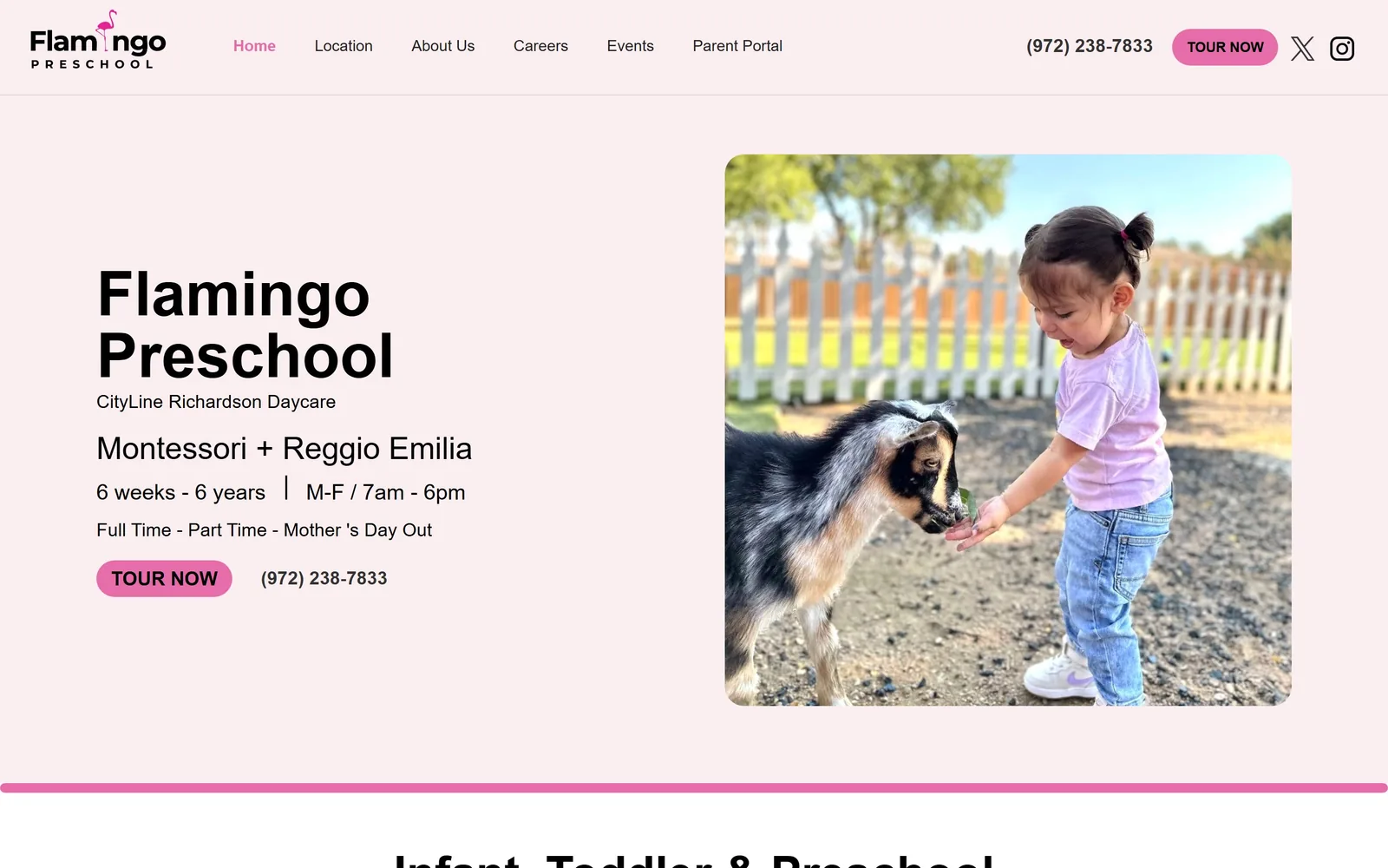 flamingoschool.com, daycare website design: pale pink field, 'Flamingo Preschool' in heavy black type