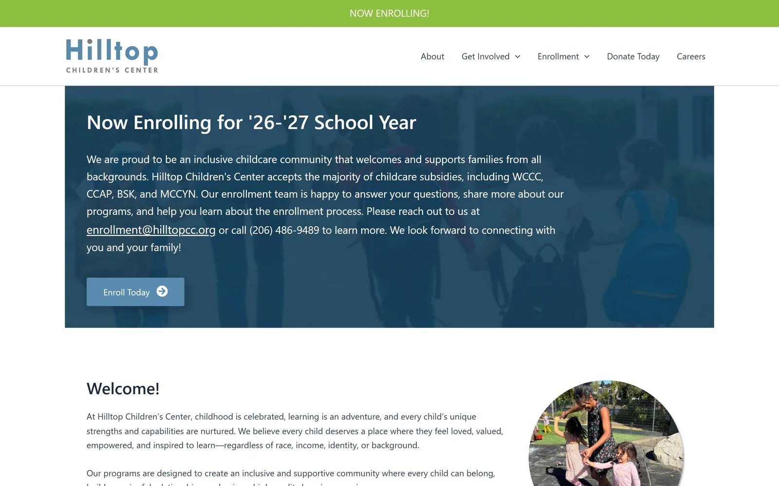 hilltopchildrenscenter.org, daycare website design: a green notice bar, a blue wordmark