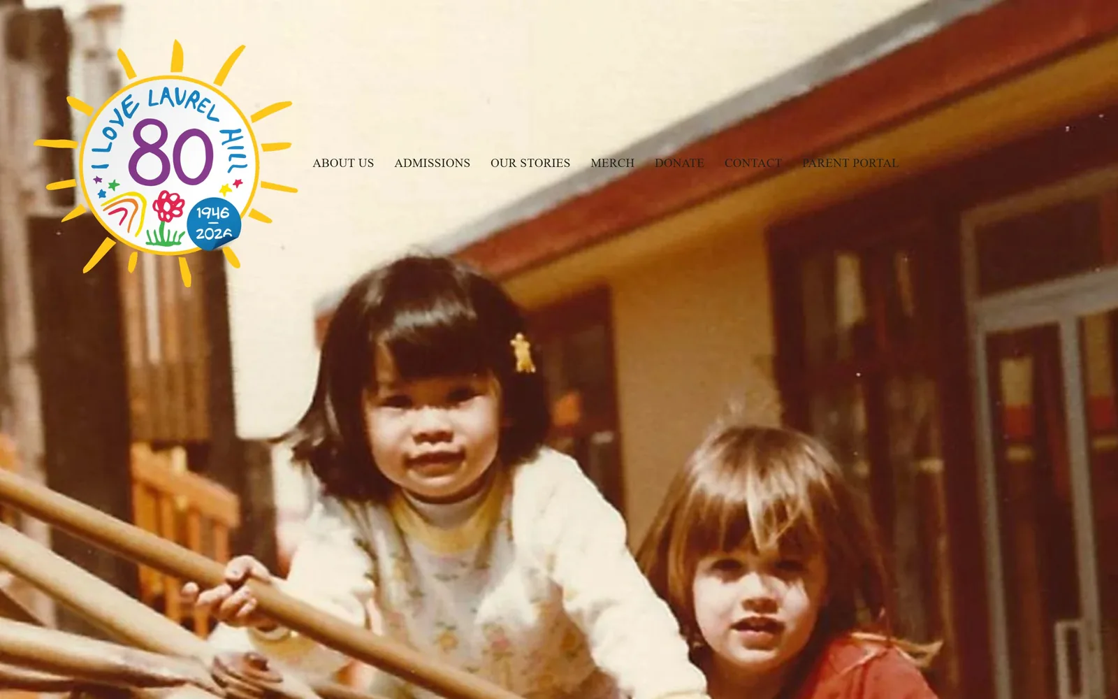 laurelhill.org, daycare website design: a faded 1970s photograph of two children on a climbing frame fills the screen