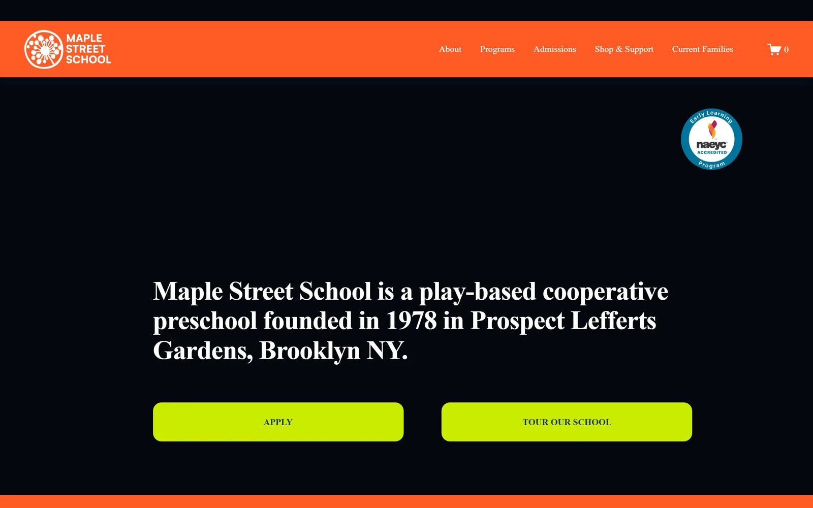 maplestreetschool.org, daycare website design: a near-black page with an orange nav band, a serif headline in white