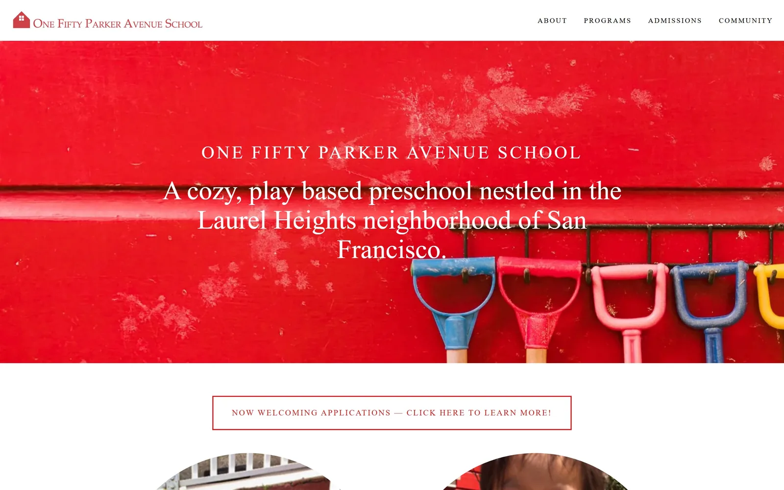 onefiftyparker.org, daycare website design: a scuffed red painted wall hung with children's spades, white serif type centred over it