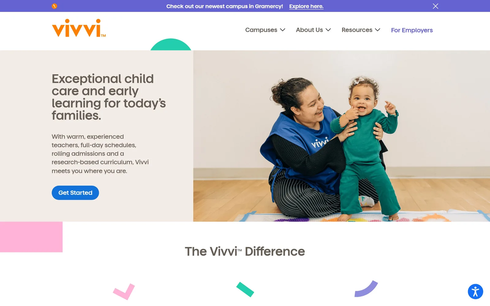 vivvi.com, daycare website design: warm sand panel on the left with a four-line headline and a blue button