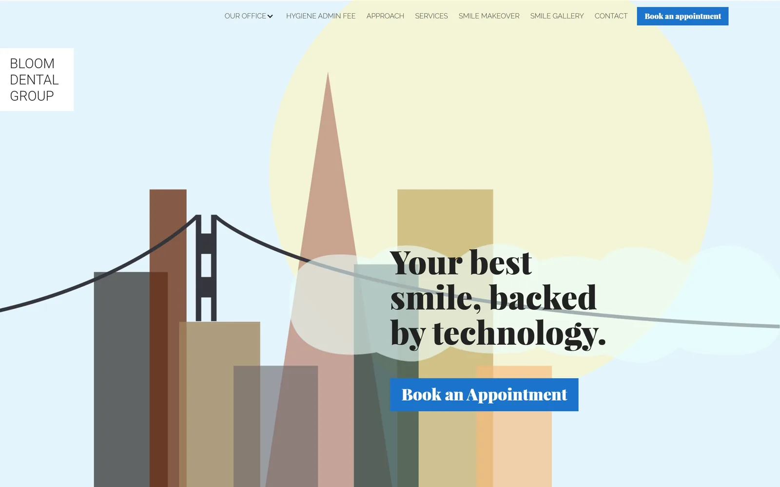 bloomdentalgroup.com, dental website design: a flat vector San Francisco skyline in dusty earth tones