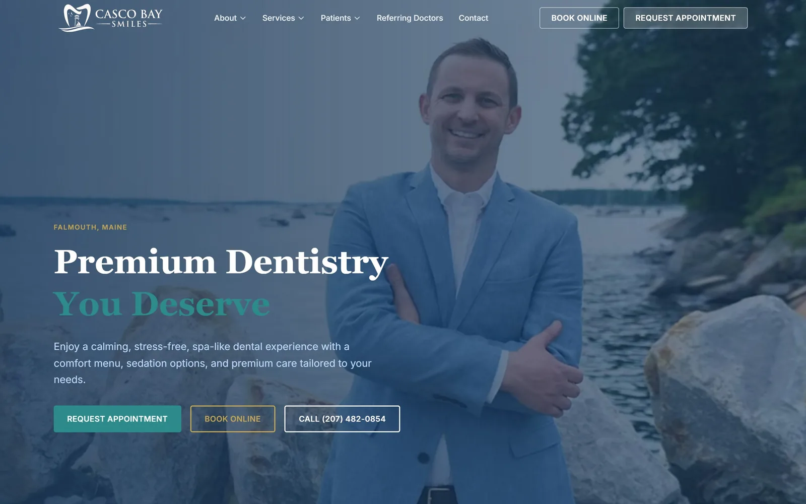 cascobaysmiles.com, dental website design: the dentist on the rocks of the Maine coast under a navy wash