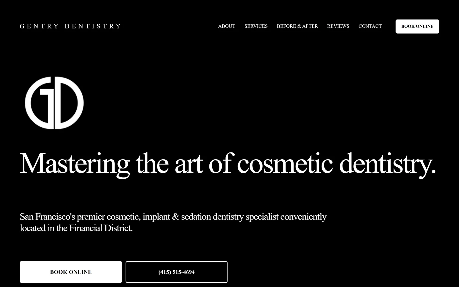 gentrydentistry.com, dental website design: pure black field, a monogram