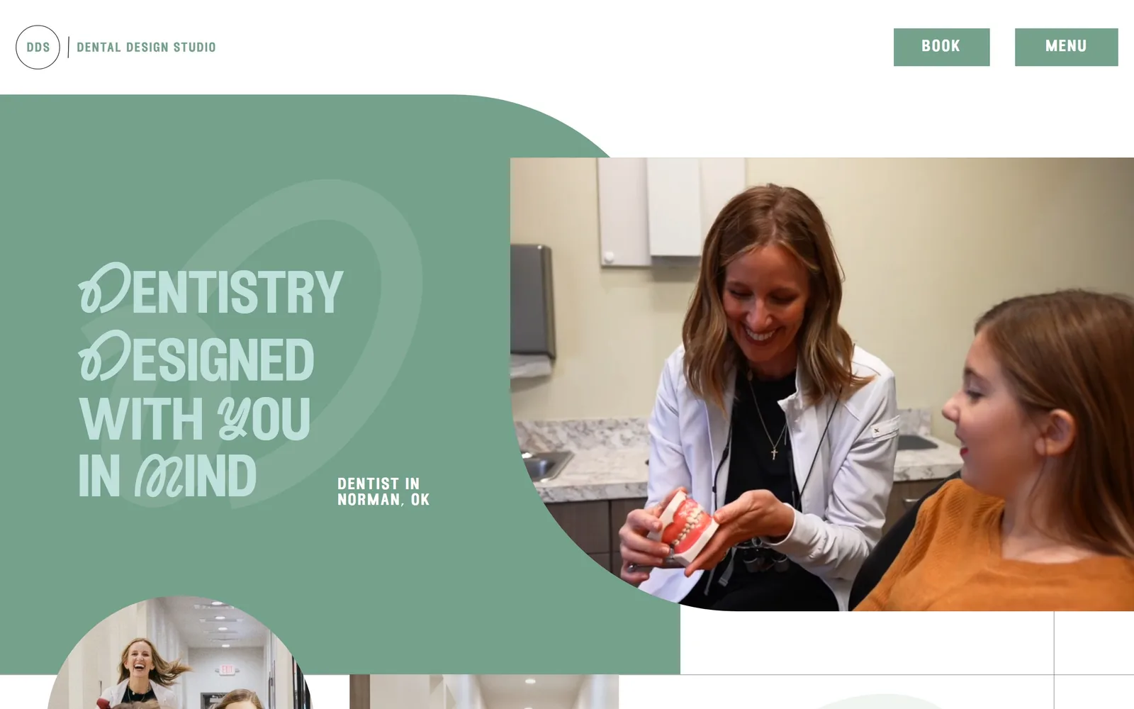 normandentist.com, dental website design: a sage green panel with a quarter-circle bite taken out of it