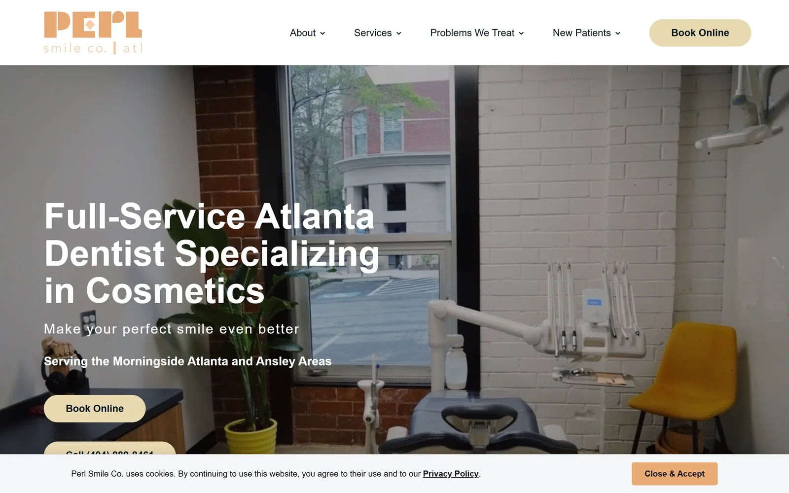 perlsmile.co, dental website design: a real operatory with painted brick, a mustard chair and a window onto the street