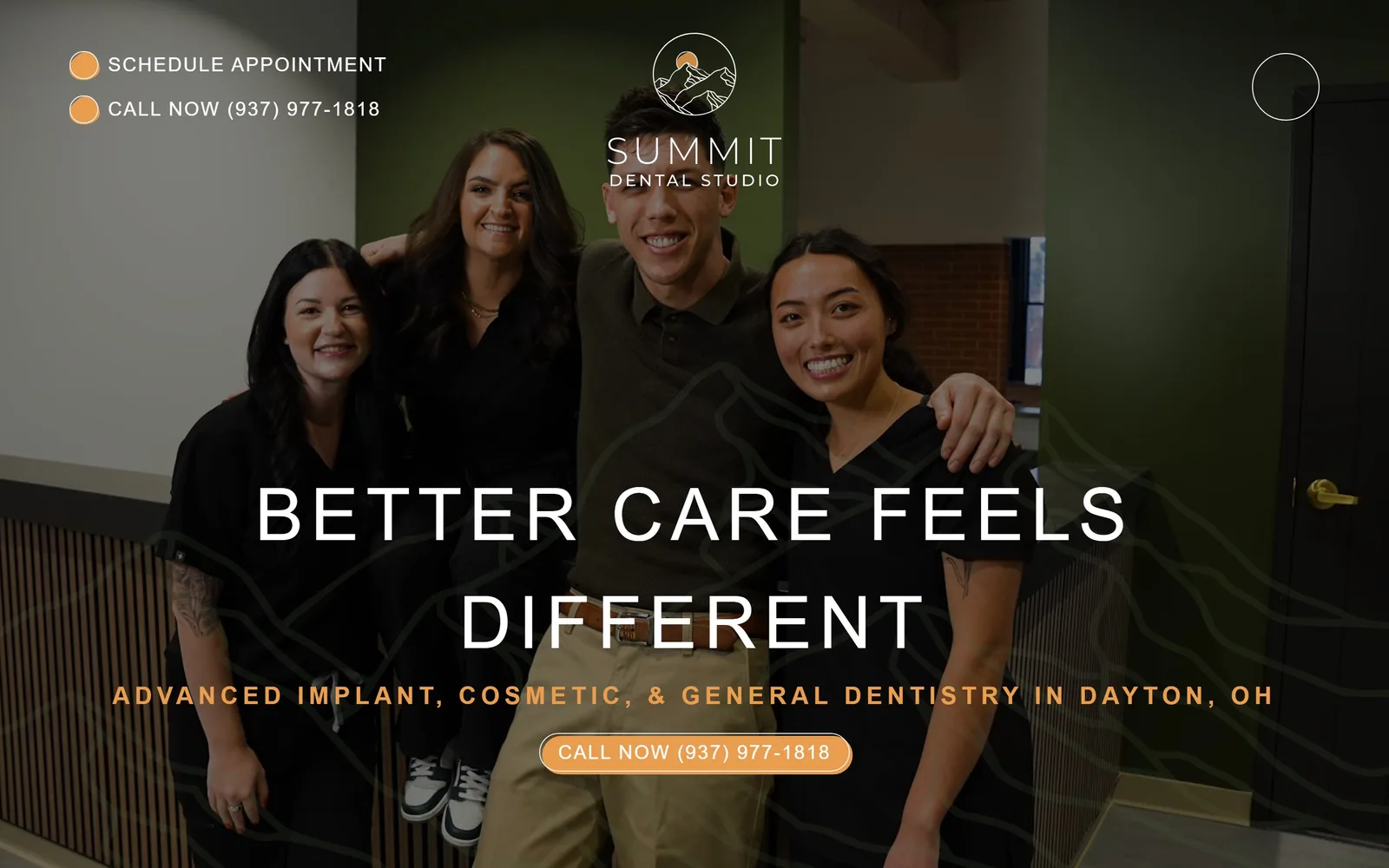 summit-dentalstudio.com, dental website design: four staff in black scrubs in an olive-walled hallway