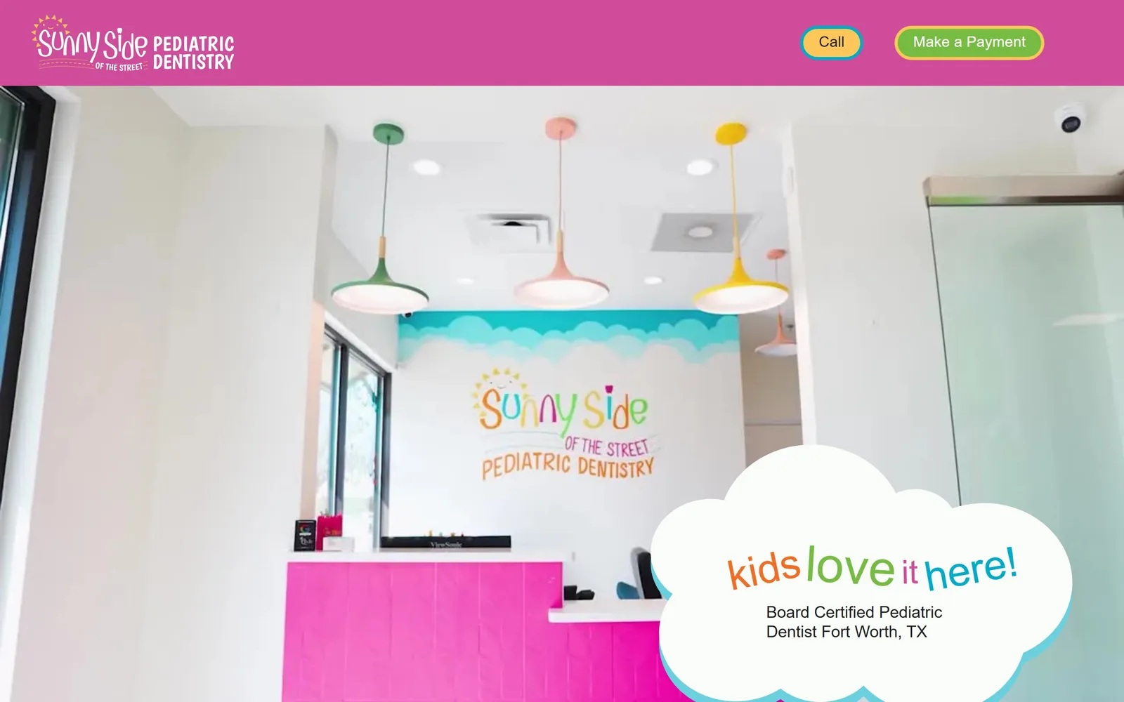 sunnysidepediatricdentistrytx.com, dental website design: a magenta bar over video of a candy-coloured reception