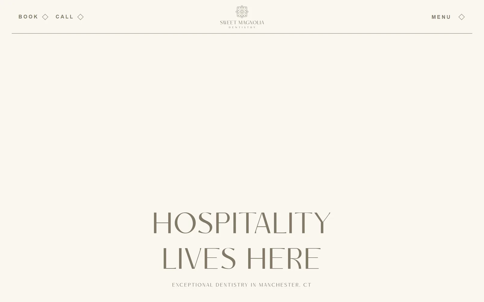 sweetmagnoliadentistry.com, dental website design: a cream page with nothing on it but a monoline floral mark, a hairline rule