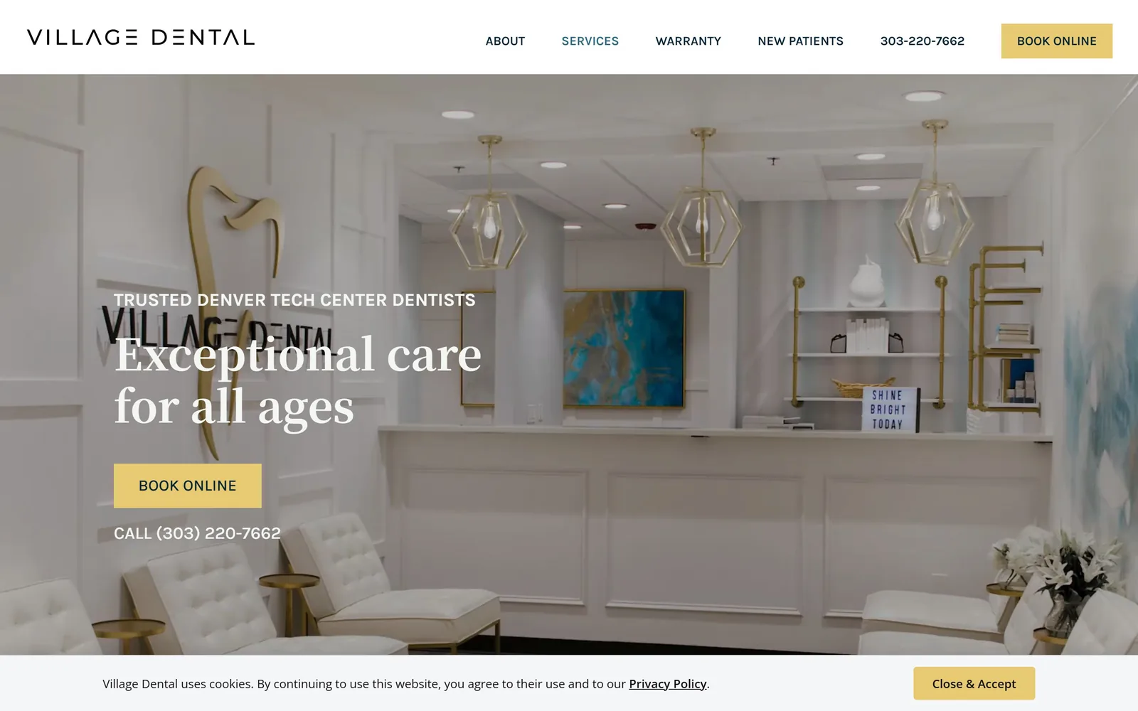 villagedentaldtc.com, dental website design: a white and brass waiting room on video