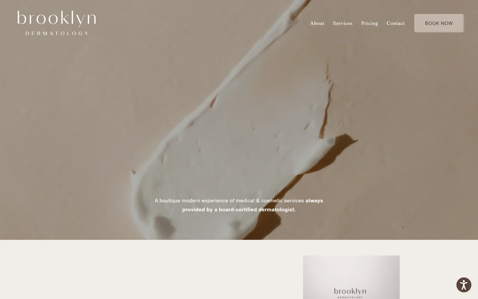 brooklyn-dermatology.com, dermatology website design: a close crop of cream smeared across a taupe surface fills the hero