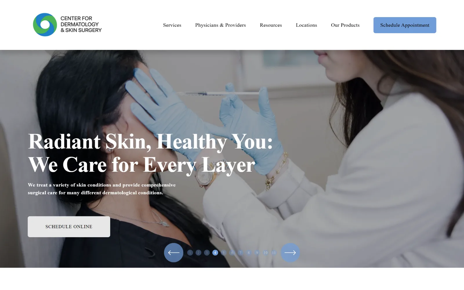 centerfordermatologynj.com, dermatology website design: blue-gloved hands guide a syringe toward a reclining patient