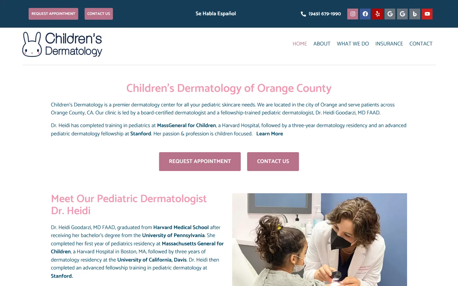 childrensdermatology.com, dermatology website design: a cartoon rabbit logo sits beside a pink headline on white
