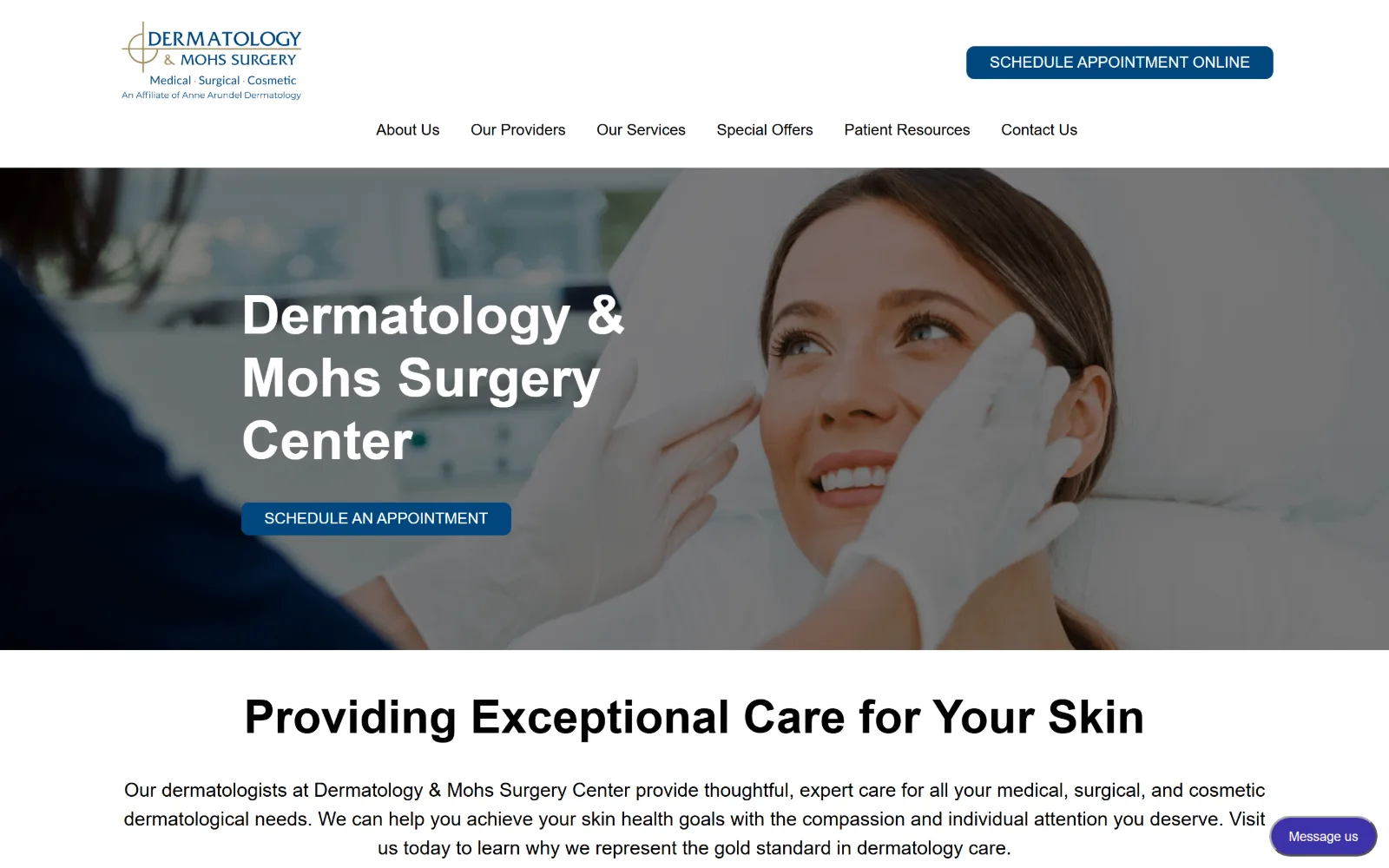 dermatologyandmohs.com, dermatology website design: a gloved clinician examines a smiling patient's cheek in a treatment chair