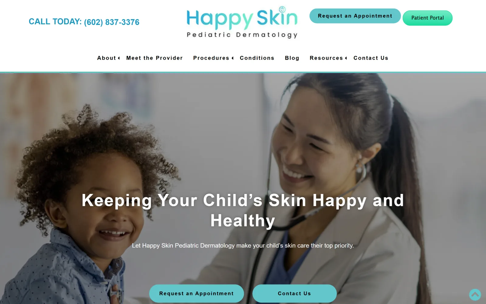 happyskindermatology.com, dermatology website design: a smiling toddler and a clinician with a stethoscope fill the hero photograph