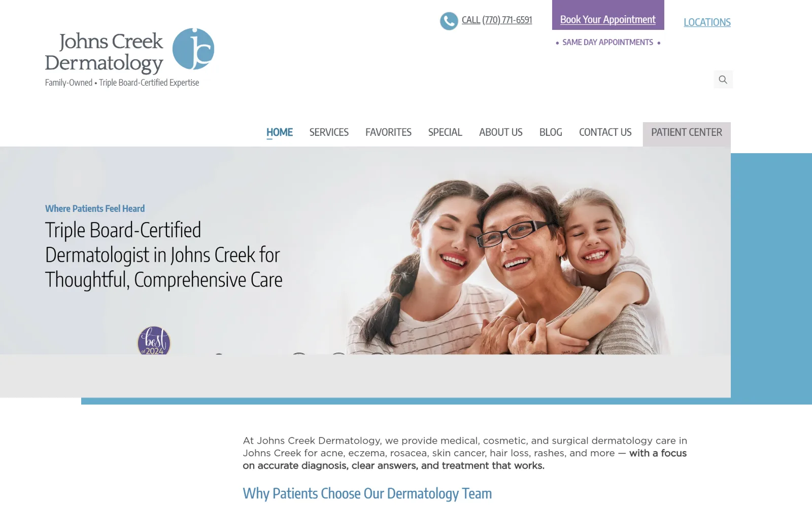 johnscreekdermatology.com, dermatology website design: a family of three embrace in a soft-lit photograph beside a condensed headline