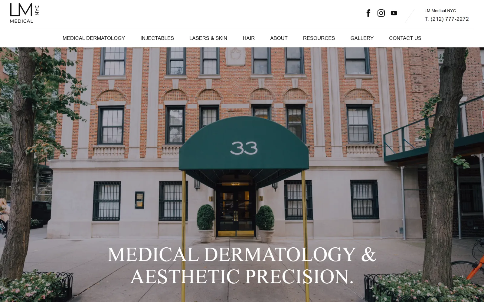 lmmedicalnyc.com, dermatology website design: a green awning over a townhouse entrance fills the frame