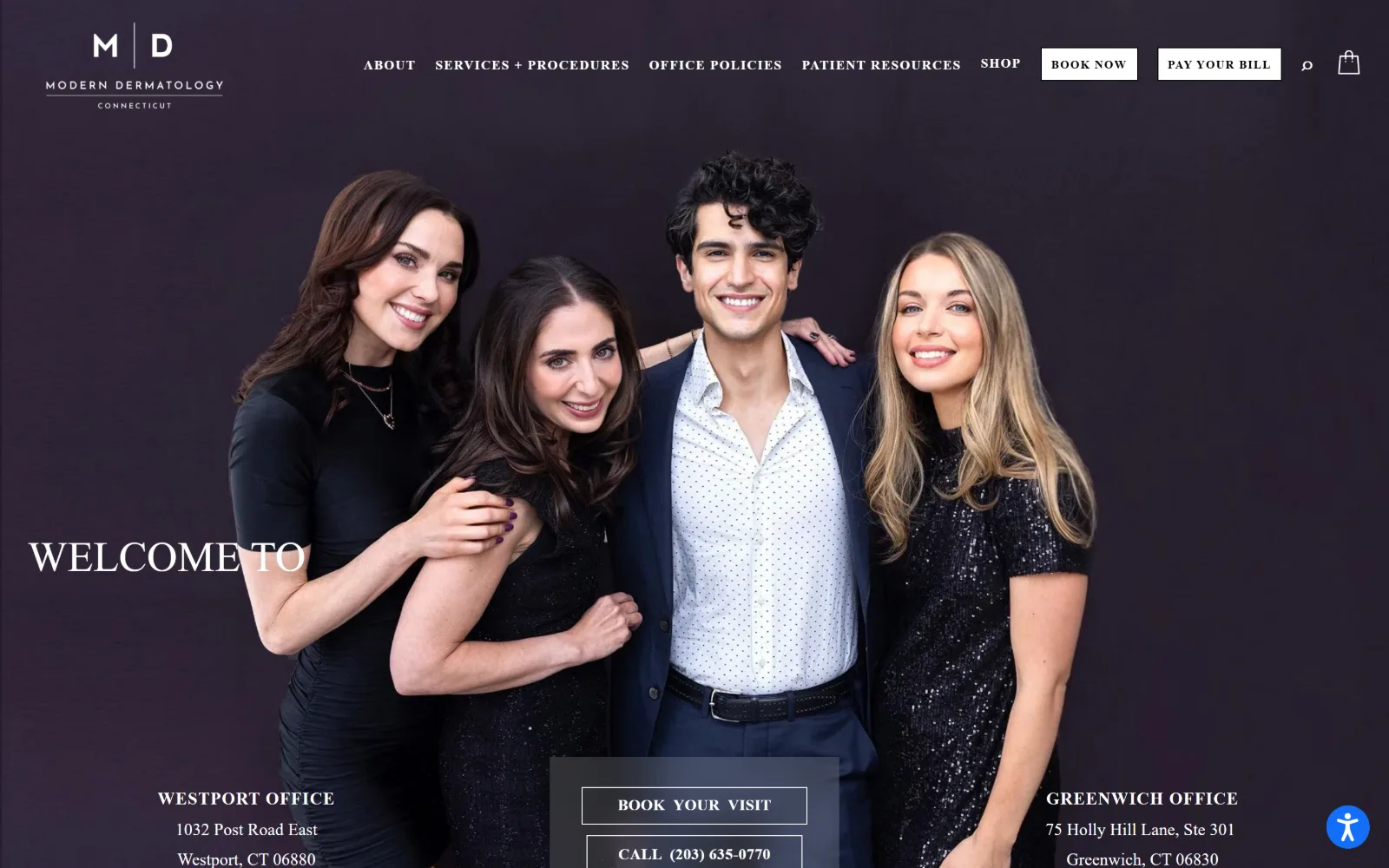 moderndermct.com, dermatology website design: four clinicians in black stand against a deep aubergine backdrop