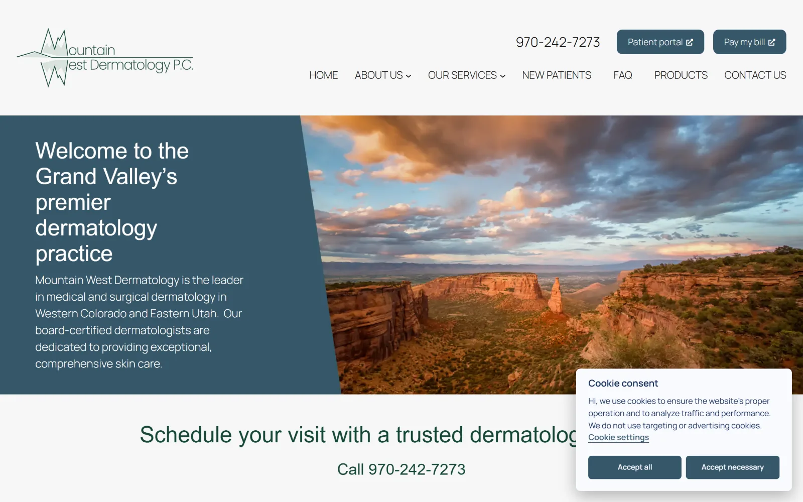 mountainwestdermatology.com, dermatology website design: a slate panel holding a welcome headline meets a sunset canyon photograph along