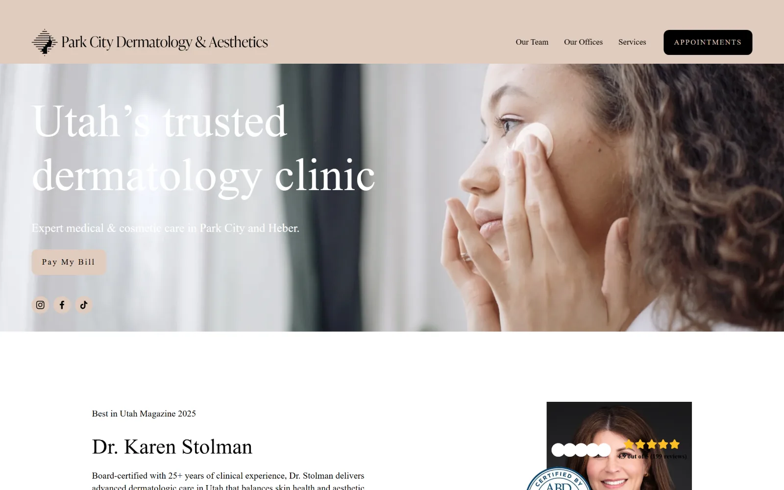 parkcitydermatology.com, dermatology website design: a woman applies cream to her cheek in a sunlit room