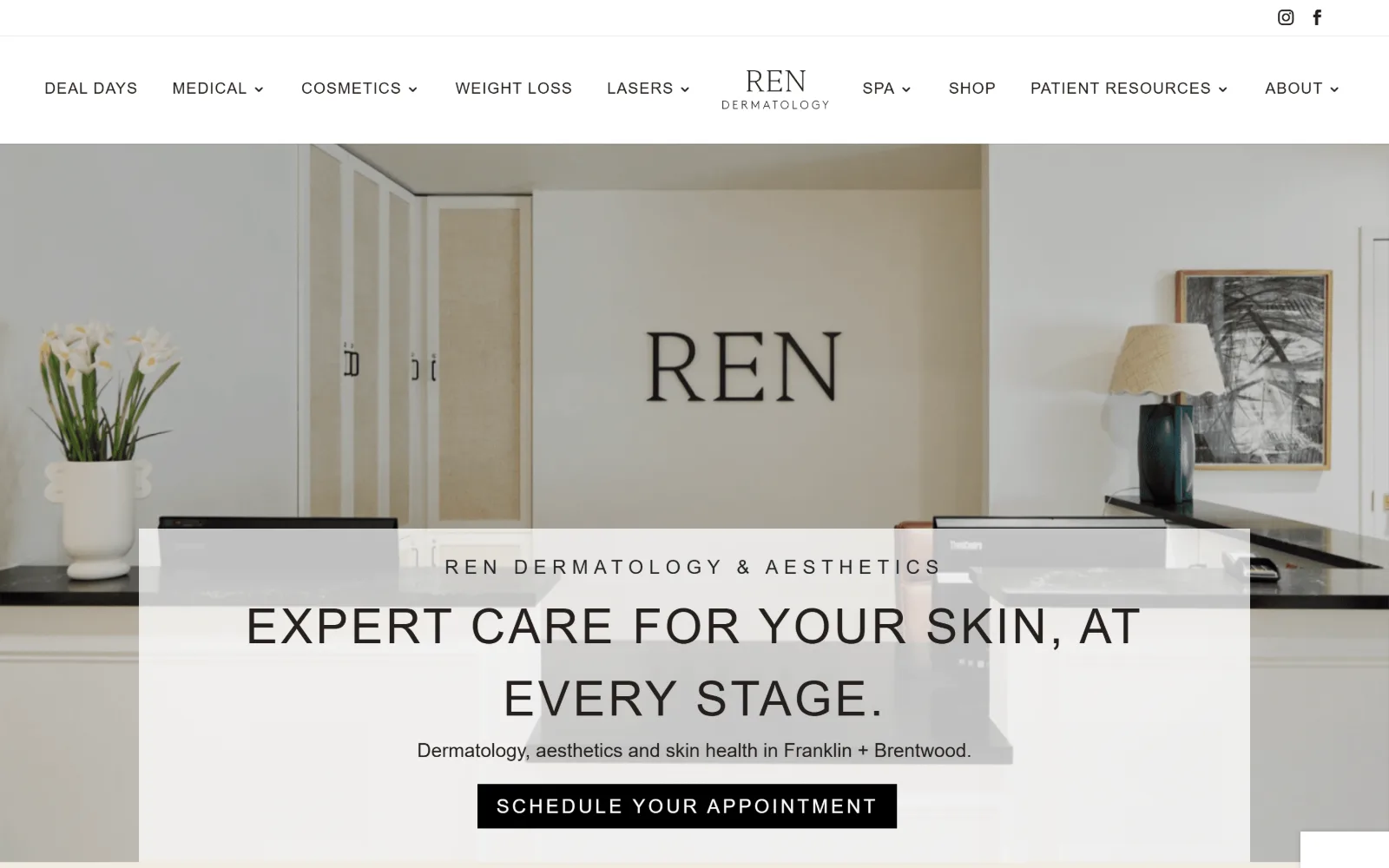 rendermatology.com, dermatology website design: a bright reception desk with REN lettering on the back wall sits behind a translucent