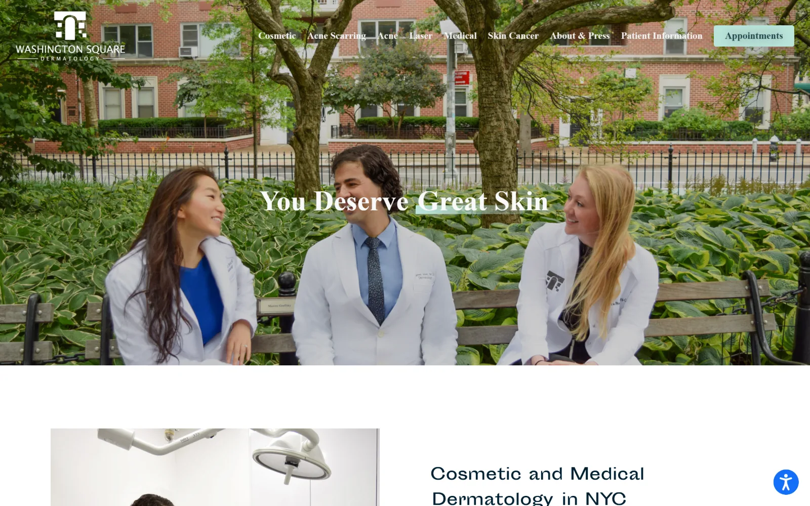 washingtonsqderm.com, dermatology website design: three clinicians in white coats sit on a park bench under trees