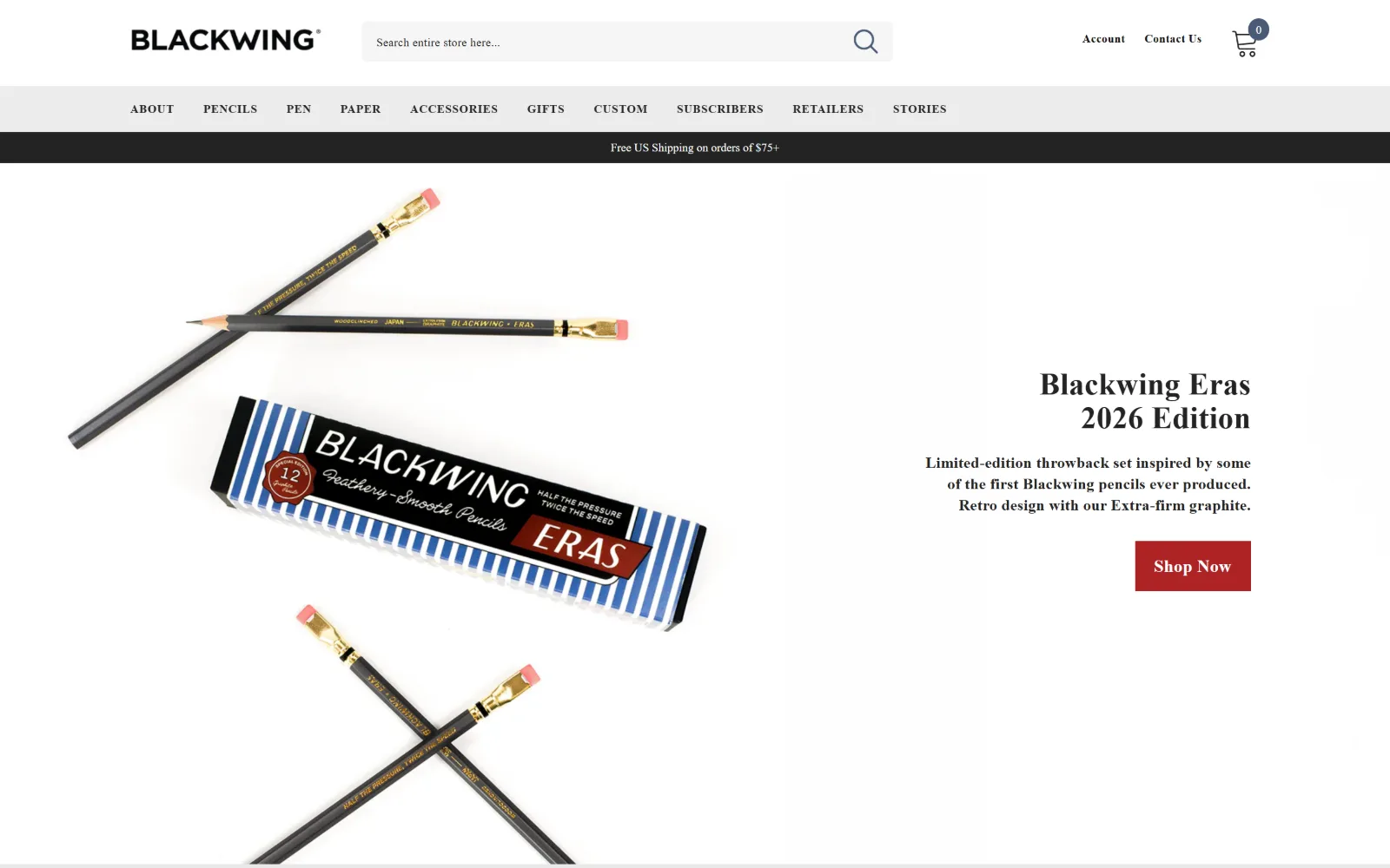 blackwing602.com, ecommerce website design: pencils and a striped box float on white, with a serif product title