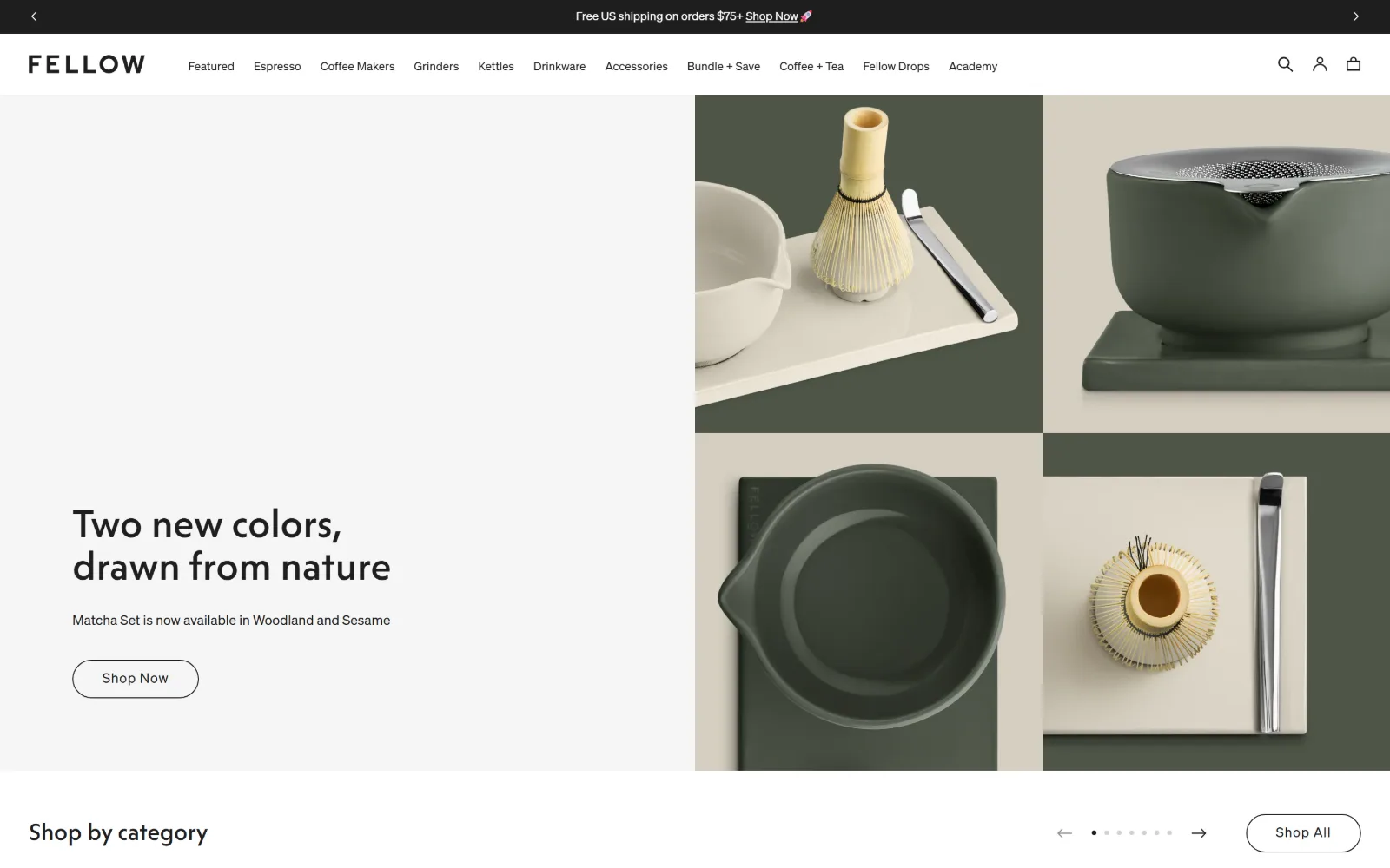 fellowproducts.com, ecommerce website design: flat grey fills the left half behind a two line headline and an outlined Shop Now; four