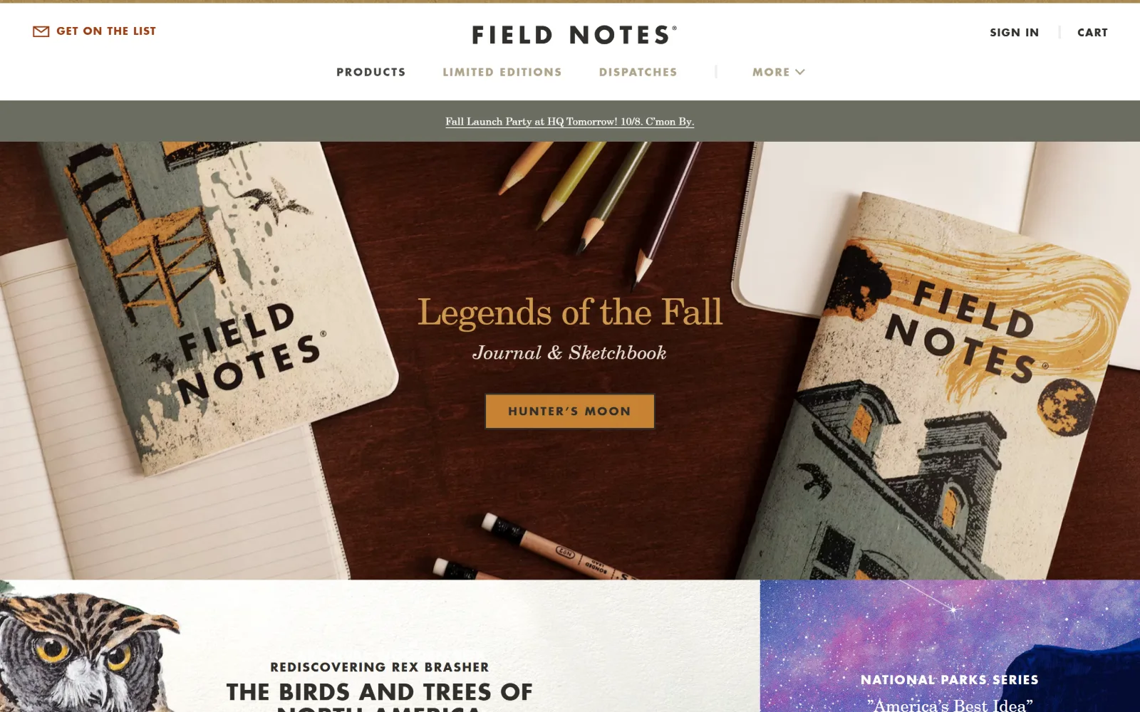 fieldnotesbrand.com, ecommerce website design: notebooks and pencils photographed from above on dark timber