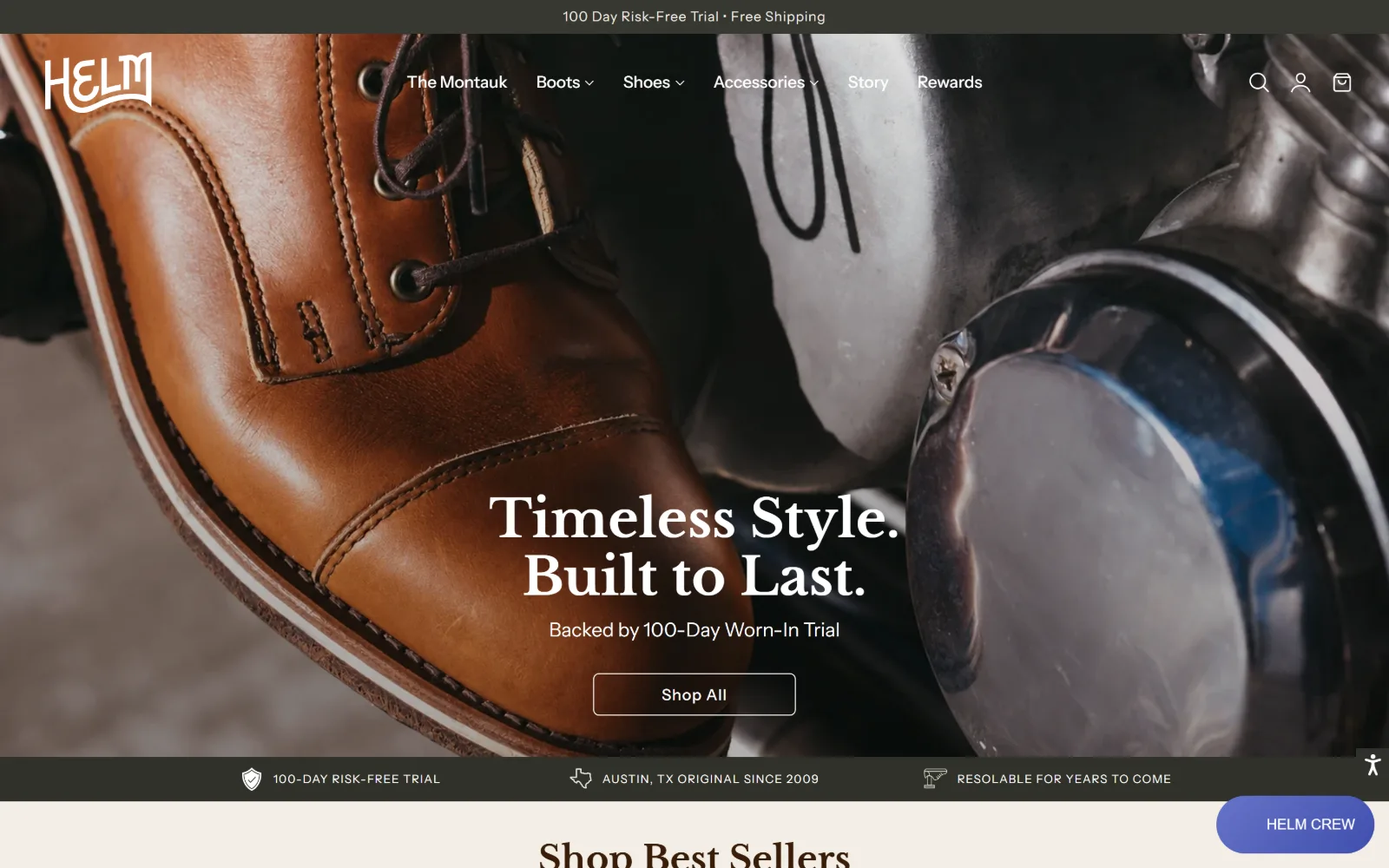 helmboots.com, ecommerce website design: tan leather fills the frame as a cap toe boot leans on a motorcycle