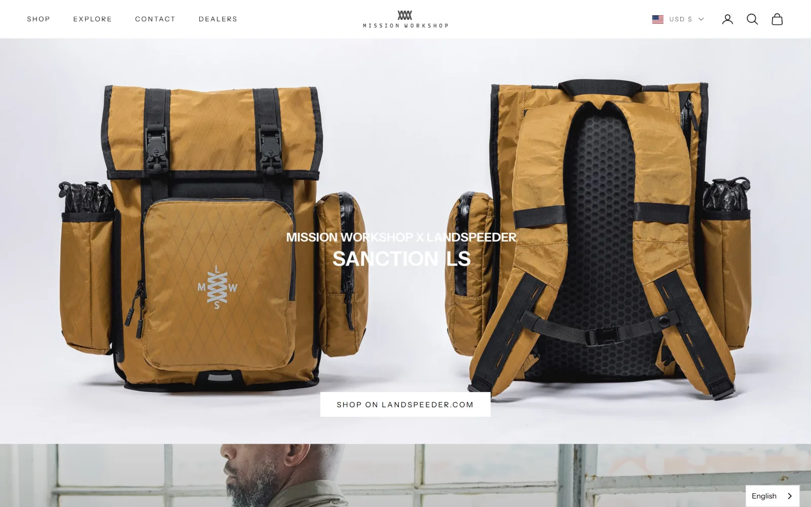 missionworkshop.com, ecommerce website design: two views of a tan roll-top pack sit on white under a thin uppercase product title