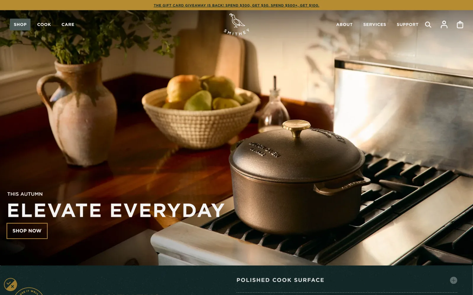 smithey.com, ecommerce website design: warm kitchen light, a lidded cast iron pot on a gas range