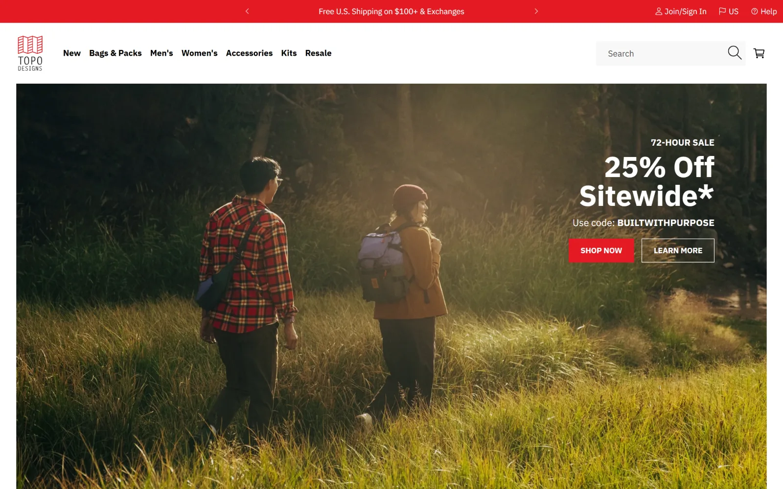 topodesigns.com, ecommerce website design: two walkers cross a sunlit meadow inside an inset hero