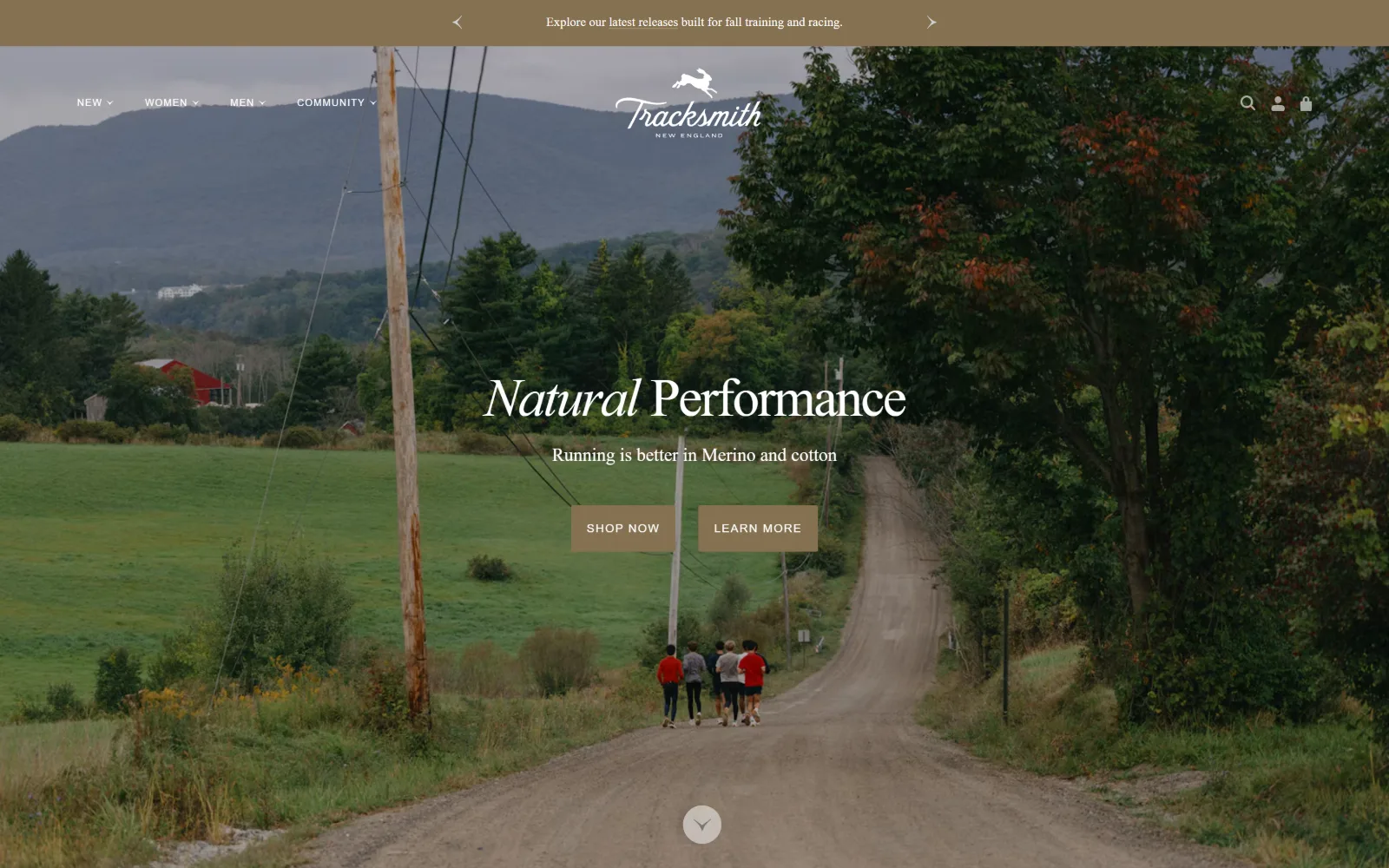 tracksmith.com, ecommerce website design: a dirt road runs through farmland with five distant runners