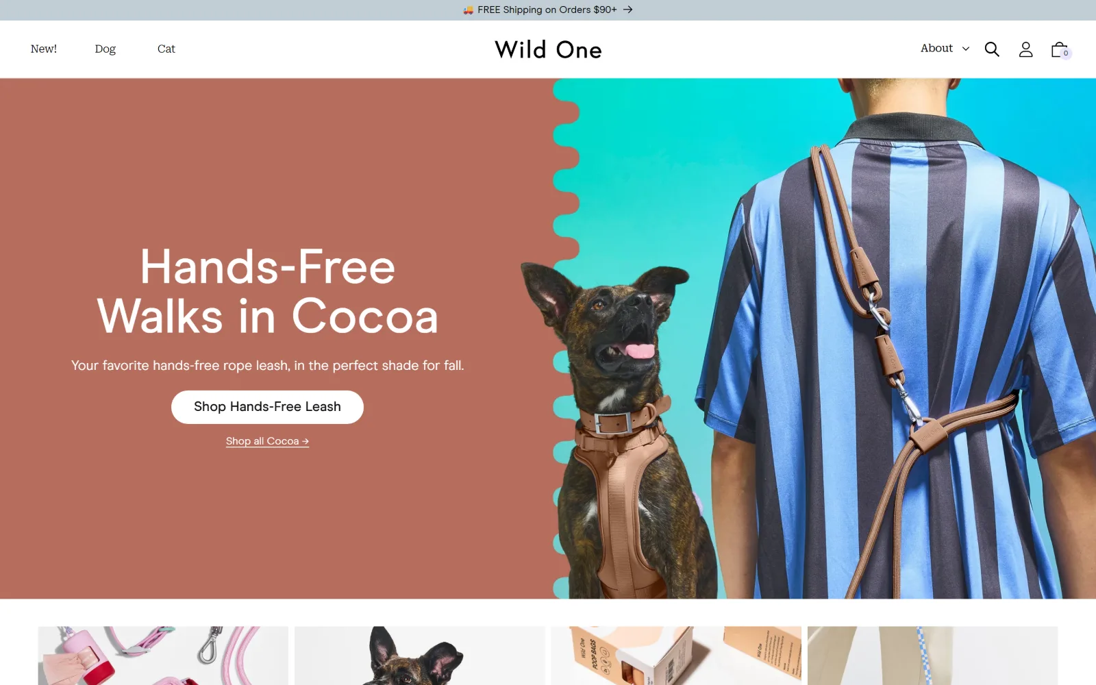 wildone.com, ecommerce website design: terracotta type panel meets a scalloped teal cut-out where a dog in a tan harness sits