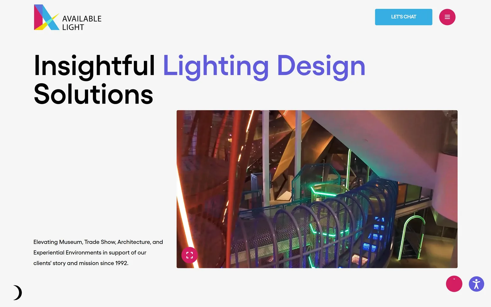 availablelight.com, electrician website design: black and violet geometric sans at 84px on light grey